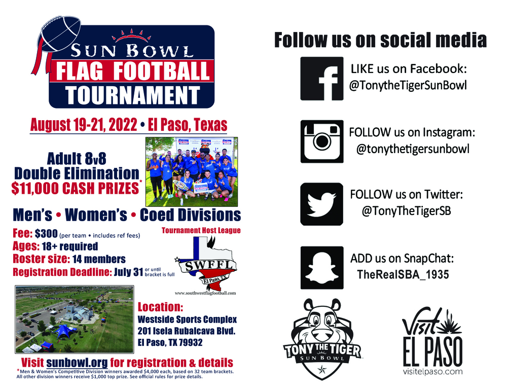 SECOND ANNUAL SUN BOWL ADULT FLAG FOOTBALL TOURNAMENT SET FOR AUGUST